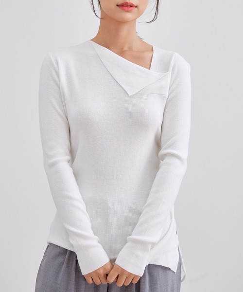 Lace Ladies（レースレディース）の「アシンメトリー サイドギャザー デザイン ニット トップス（ニット/セーター・レディース・ブラック/ベージュ/ホワイト/グレー・FREE）」の2枚目の写真
