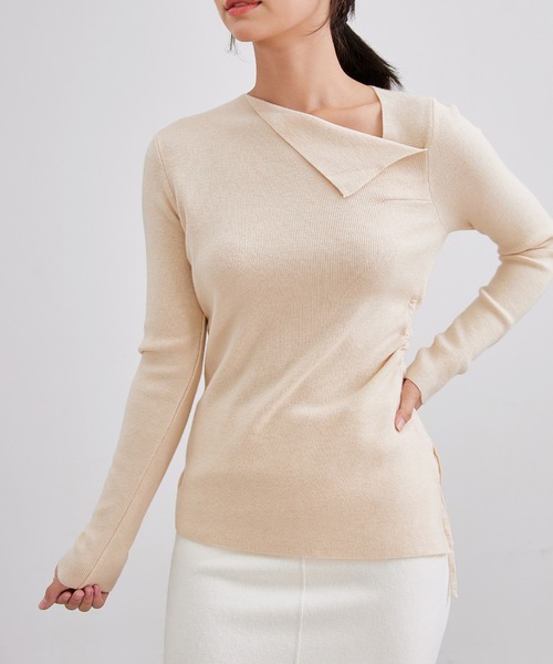 Lace Ladies（レースレディース）の「アシンメトリー サイドギャザー デザイン ニット トップス（ニット/セーター・レディース・ブラック/ベージュ/ホワイト/グレー・FREE）」の9枚目の写真