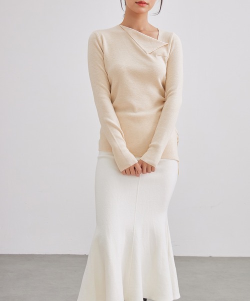 Lace Ladies（レースレディース）の「アシンメトリー サイドギャザー デザイン ニット トップス（ニット/セーター・レディース・ブラック/ベージュ/ホワイト/グレー・FREE）」の10枚目の写真