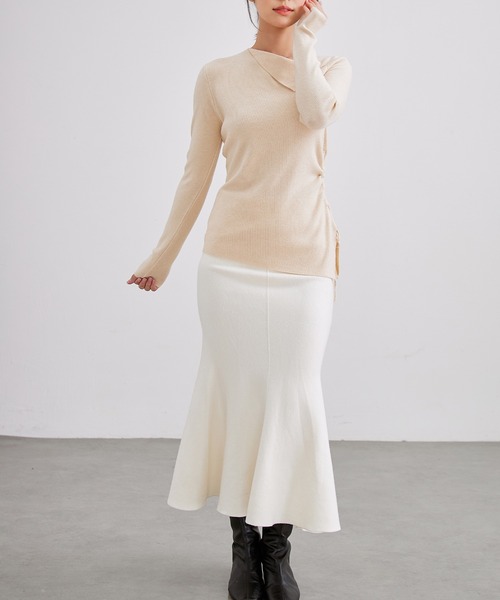 Lace Ladies（レースレディース）の「アシンメトリー サイドギャザー デザイン ニット トップス（ニット/セーター・レディース・ブラック/ベージュ/ホワイト/グレー・FREE）」の12枚目の写真