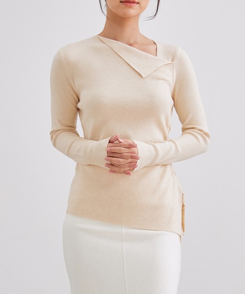 Lace Ladies（レースレディース）の「アシンメトリー サイドギャザー デザイン ニット トップス（ニット/セーター・レディース・ブラック/ベージュ/ホワイト/グレー・FREE）」の14枚目の写真