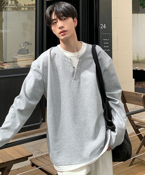 セール】【NOWLE】フェイクレイヤード キーネック プルオーバー ロンT