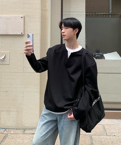 セール】【NOWLE】フェイクレイヤード キーネック プルオーバー ロンT