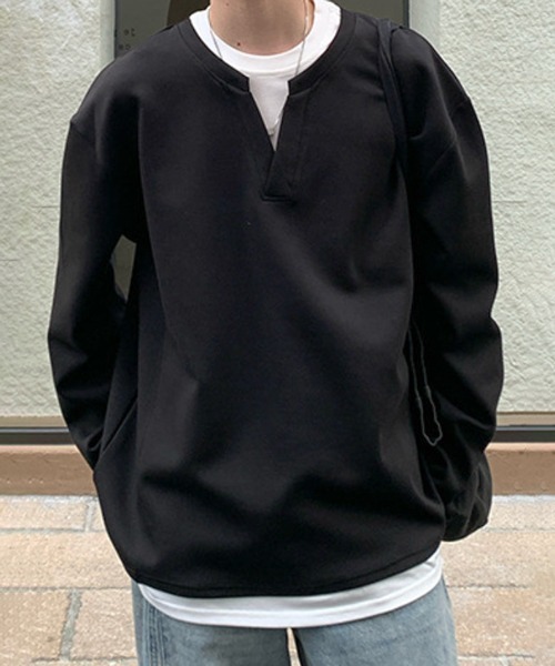 セール】【NOWLE】フェイクレイヤード キーネック プルオーバー ロンT