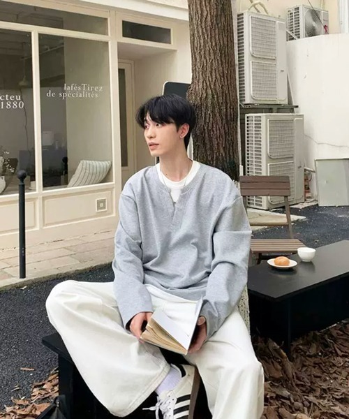 セール】【NOWLE】フェイクレイヤード キーネック プルオーバー ロンT