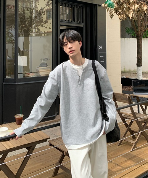 セール】【NOWLE】フェイクレイヤード キーネック プルオーバー ロンT