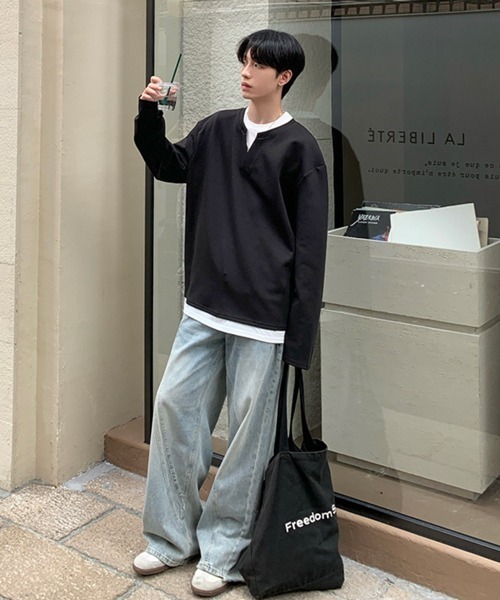 セール】【NOWLE】フェイクレイヤード キーネック プルオーバー ロンT