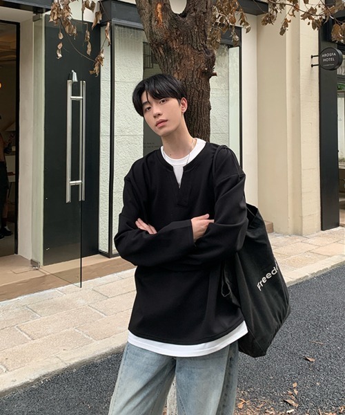 セール】【NOWLE】フェイクレイヤード キーネック プルオーバー ロンT