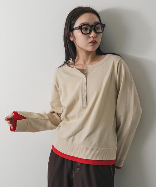 SENSE OF PLACE by URBAN RESEARCH（センスオブプレイスバイアーバンリサーチ）の「ヘンリーネックレイヤードセーター（ニット/セーター・レディース・ベージュ/ブラウン/アイボリー/ブラック・ONE）」の12枚目の写真