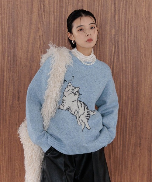 BAYFLOW（ベイフロー）の「ネコニットプルオーバー（ニット/セーター・レディース・ライトブルー/レッド/ライトグレー・FREE）」の6枚目の写真