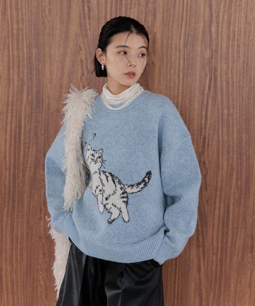 BAYFLOW（ベイフロー）の「ネコニットプルオーバー（ニット/セーター・レディース・ライトブルー/レッド/ライトグレー・FREE）」の8枚目の写真