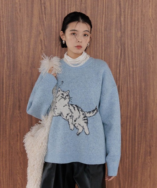 BAYFLOW（ベイフロー）の「ネコニットプルオーバー（ニット/セーター・レディース・ライトブルー/レッド/ライトグレー・FREE）」の9枚目の写真