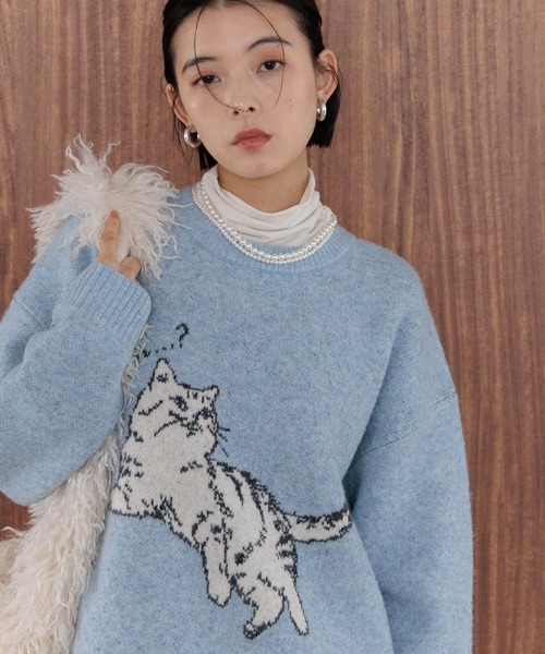 BAYFLOW（ベイフロー）の「ネコニットプルオーバー（ニット/セーター・レディース・ライトブルー/レッド/ライトグレー・FREE）」の10枚目の写真