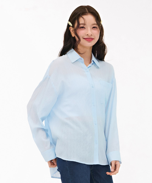 ISSUETHINGS ストライプシャツ LIGHT BLUE セール】レディースライトストライプシャツ-スカイブルー（シャツ