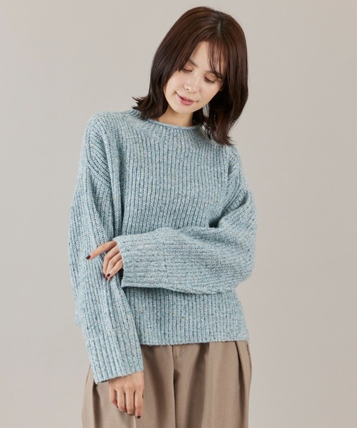 カラーネップ畦編みロールネックプルオーバー