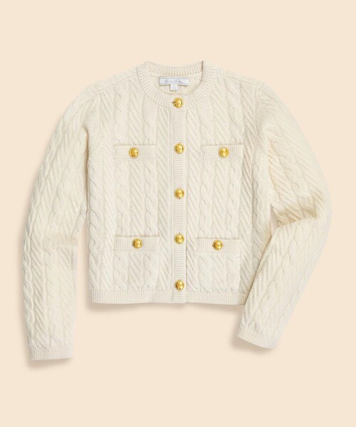BROOKS BROTHERS(ブルックスブラザーズ)の「メリノウール/カシミヤ ケーブル ゴールドボタン クルーネックカーディガン(カーディガン/ボレロ・レディース・ホワイト・LARGE/MEDIUM/SMALL/X-SMALL)」の1枚目の写真