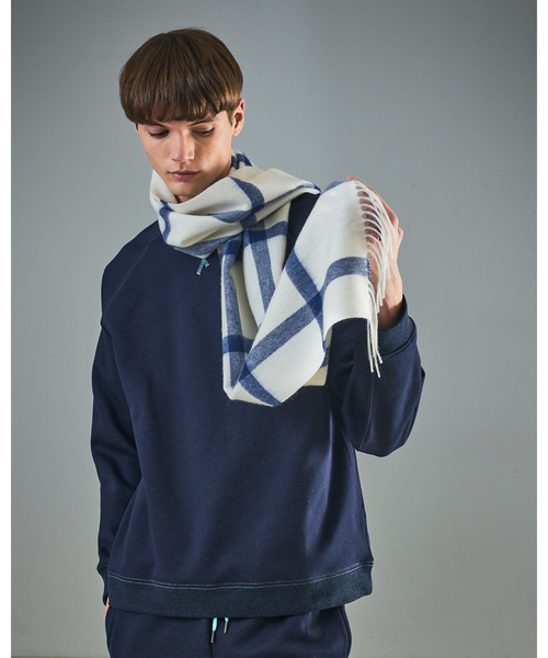 ABAHOUSE(アバハウス)の「ウール×カシミヤ チェック マフラー / ON・OFF兼用(マフラー・メンズ・アイボリー/ホワイト/ネイビー・フリー)」の2枚目の写真