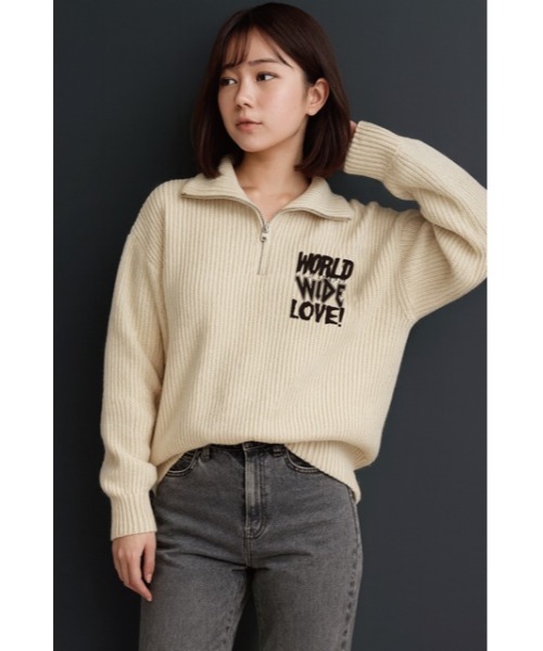 WORLD WIDE LOVE!(ワールドワイドラブ)の「WWL! ハーフジップニット(ニット/セーター・レディース・ブラック/オフホワイト/グリーン・1)」の2枚目の写真