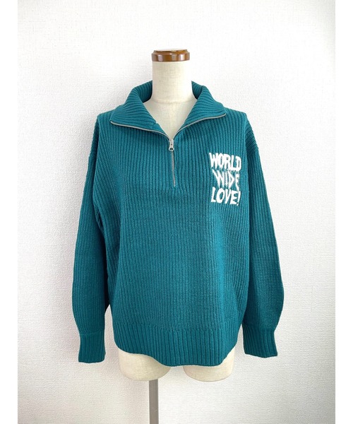 WORLD WIDE LOVE!(ワールドワイドラブ)の「WWL! ハーフジップニット(ニット/セーター・レディース・ブラック/オフホワイト/グリーン・1)」の1枚目の写真