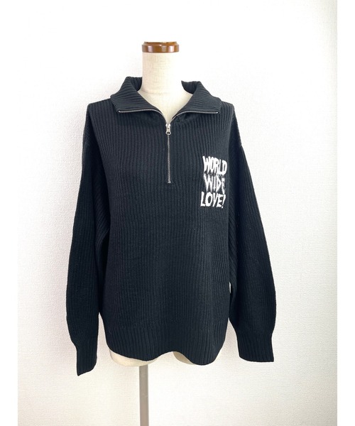 WORLD WIDE LOVE!(ワールドワイドラブ)の「WWL! ハーフジップニット(ニット/セーター・レディース・ブラック/オフホワイト/グリーン・1)」の3枚目の写真