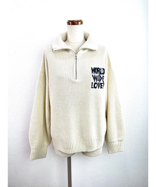 WORLD WIDE LOVE!(ワールドワイドラブ)の「WWL! ハーフジップニット(ニット/セーター・レディース・ブラック/オフホワイト/グリーン・1)」の4枚目の写真