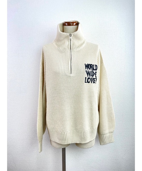 WORLD WIDE LOVE!(ワールドワイドラブ)の「WWL! ハーフジップニット(ニット/セーター・レディース・ブラック/オフホワイト/グリーン・1)」の6枚目の写真