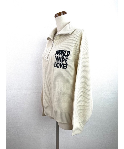 WORLD WIDE LOVE!(ワールドワイドラブ)の「WWL! ハーフジップニット(ニット/セーター・レディース・ブラック/オフホワイト/グリーン・1)」の5枚目の写真