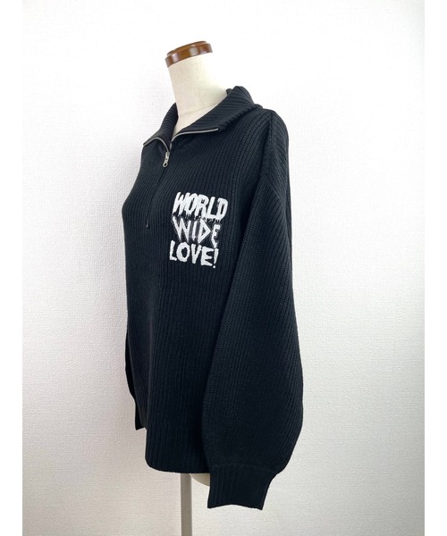 WORLD WIDE LOVE!(ワールドワイドラブ)の「WWL! ハーフジップニット(ニット/セーター・レディース・ブラック/オフホワイト/グリーン・1)」の9枚目の写真
