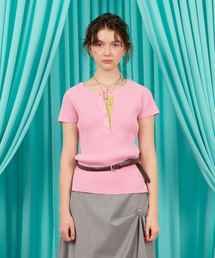 BUTTON HENRYNECK CUT-OFF KNIT / pink
