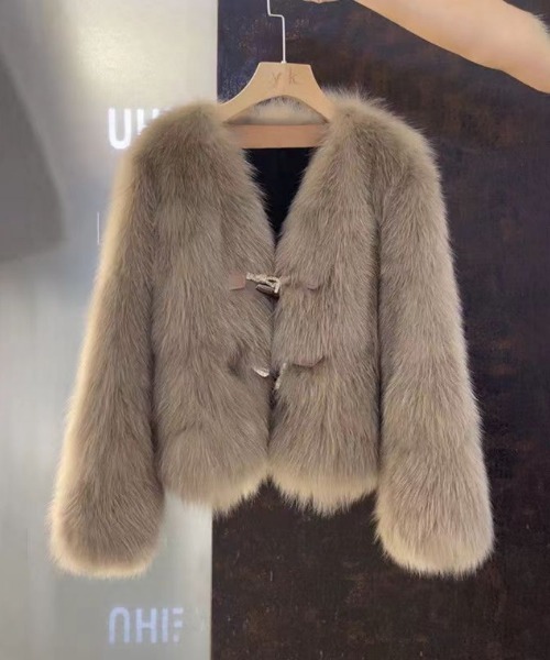 セール】トグルボタン フェイクファー ショート丈 ノーカラーコート