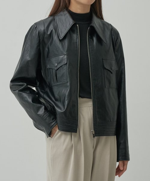 カラー フェイクレザー ジャケット - ブラック