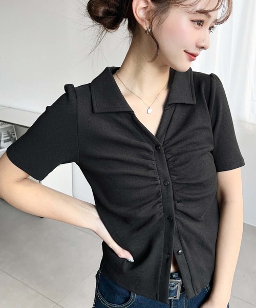 moment+(モーメントプラス)の「フロントギャザーリブカットソースキッパーシャツ(Tシャツ/カットソー・レディース・ネイビー/ブラック/杢グレー/アイボリー・M)」の2枚目の写真