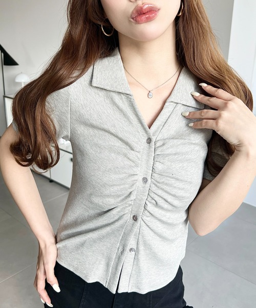 moment+(モーメントプラス)の「フロントギャザーリブカットソースキッパーシャツ(Tシャツ/カットソー・レディース・ネイビー/ブラック/杢グレー/アイボリー・M)」の7枚目の写真