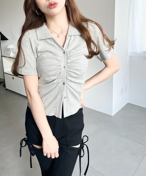 moment+(モーメントプラス)の「フロントギャザーリブカットソースキッパーシャツ(Tシャツ/カットソー・レディース・ネイビー/ブラック/杢グレー/アイボリー・M)」の8枚目の写真
