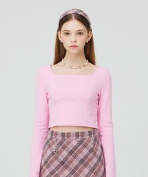 VVV（ブイブイブイ）の「スクエアネック長袖クロップTシャツ_ピンク（Tシャツ/カットソー）」