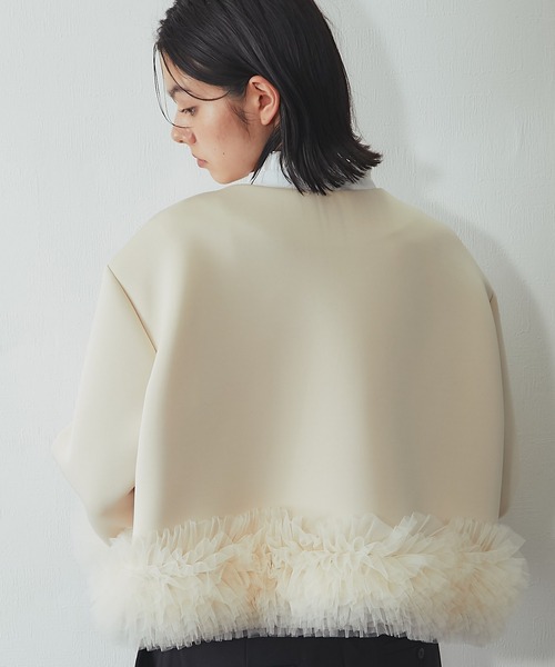 SMILE ORCHID(スマイルオーキッド)の「パールもりもりボンディング生地ジャケット(ノーカラージャケット・レディース・ブラック/ベージュ・FREE)」の21枚目の写真