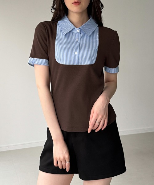 junoah(ジュノア)の「ストライプシャツドッキングトップス(シャツ/ブラウス・レディース・グレー/ブラック/ブラウン・SMALL/LARGE/MEDIUM)」の3枚目の写真