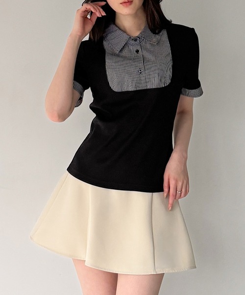 junoah(ジュノア)の「ストライプシャツドッキングトップス(シャツ/ブラウス・レディース・グレー/ブラック/ブラウン・SMALL/LARGE/MEDIUM)」の1枚目の写真