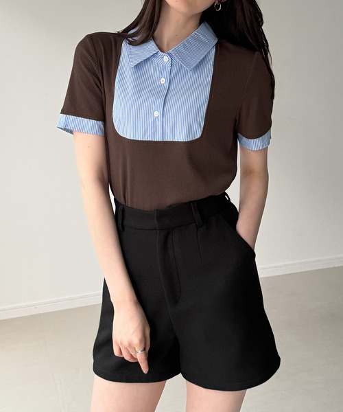 junoah(ジュノア)の「ストライプシャツドッキングトップス(シャツ/ブラウス・レディース・グレー/ブラック/ブラウン・SMALL/LARGE/MEDIUM)」の5枚目の写真