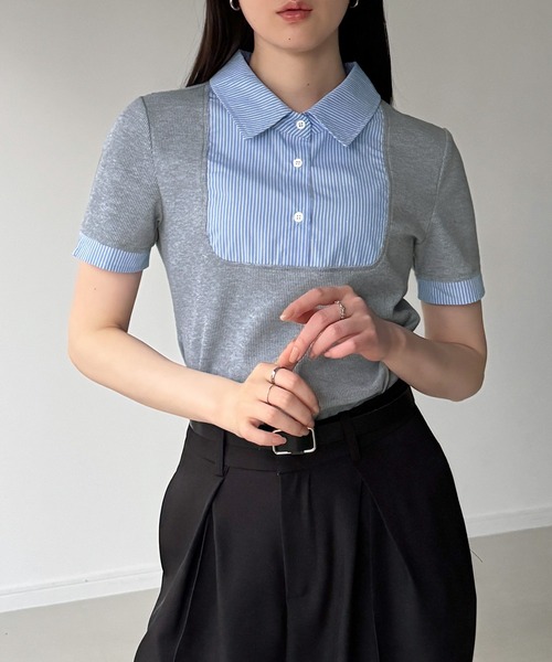 junoah(ジュノア)の「ストライプシャツドッキングトップス(シャツ/ブラウス・レディース・グレー/ブラック/ブラウン・SMALL/LARGE/MEDIUM)」の7枚目の写真