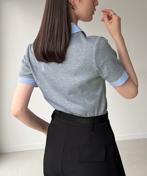 junoah(ジュノア)の「ストライプシャツドッキングトップス(シャツ/ブラウス・レディース・グレー/ブラック/ブラウン・SMALL/LARGE/MEDIUM)」の8枚目の写真