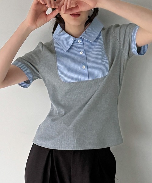 junoah(ジュノア)の「ストライプシャツドッキングトップス(シャツ/ブラウス・レディース・グレー/ブラック/ブラウン・SMALL/LARGE/MEDIUM)」の9枚目の写真