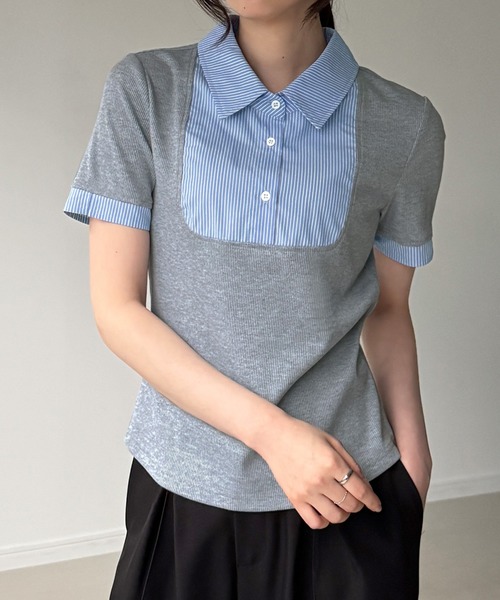 junoah(ジュノア)の「ストライプシャツドッキングトップス(シャツ/ブラウス・レディース・グレー/ブラック/ブラウン・SMALL/LARGE/MEDIUM)」の10枚目の写真