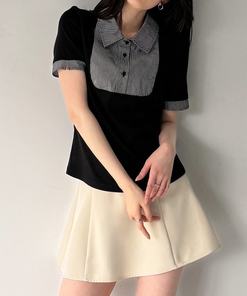 junoah(ジュノア)の「ストライプシャツドッキングトップス(シャツ/ブラウス・レディース・グレー/ブラック/ブラウン・SMALL/LARGE/MEDIUM)」の11枚目の写真