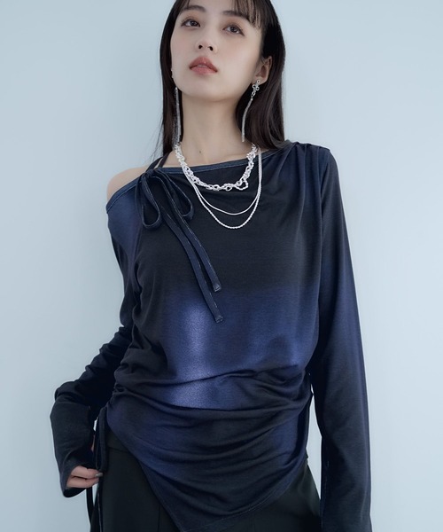 HARE（ハレ）の「ワンショルドレープT(HARE)（Tシャツ/カットソー・レディース・グレー/チェック/パープル・FREE）」の3枚目の写真