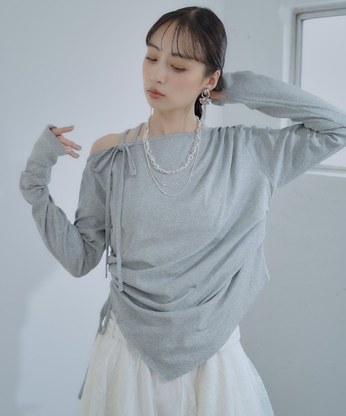 HARE（ハレ）の「ワンショルドレープT(HARE)（Tシャツ/カットソー・レディース・グレー/チェック/パープル・FREE）」の2枚目の写真