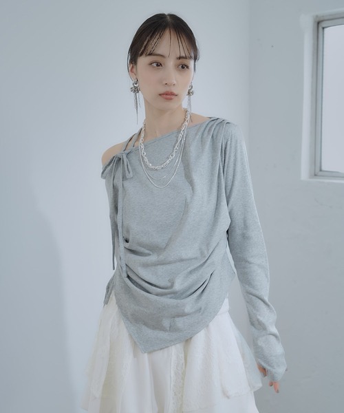 HARE（ハレ）の「ワンショルドレープT(HARE)（Tシャツ/カットソー・レディース・グレー/チェック/パープル・FREE）」の4枚目の写真