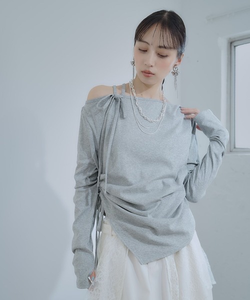 HARE（ハレ）の「ワンショルドレープT(HARE)（Tシャツ/カットソー・レディース・グレー/チェック/パープル・FREE）」の6枚目の写真