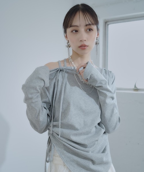 HARE（ハレ）の「ワンショルドレープT(HARE)（Tシャツ/カットソー・レディース・グレー/チェック/パープル・FREE）」の7枚目の写真