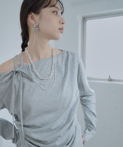 HARE（ハレ）の「ワンショルドレープT(HARE)（Tシャツ/カットソー・レディース・グレー/チェック/パープル・FREE）」の8枚目の写真